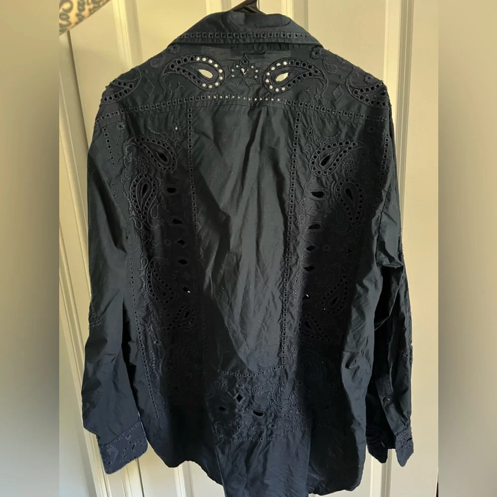Rag & Bone Vivian Navy Paisley Embroidered Eyelet Button Down Shirt L - Picture 7 of 10